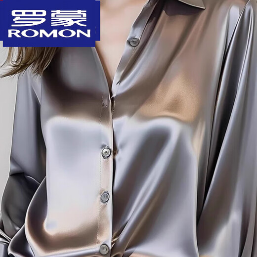 ROMON 2025 Spring and Autumn New Style Gray Acetate Silk Shirt Women's Long Sleeve Chic French Silk Professional Shirt Gray M