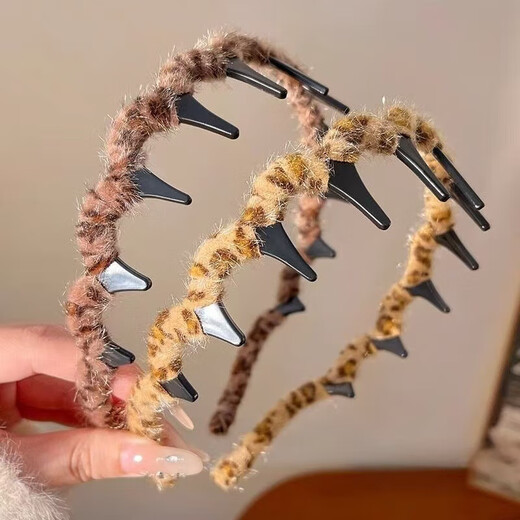 Temperament leopard print wavy hairband for women fluffy texture high skull face wash press headband style hair accessories autumn hair card 2 dark leopard print hairband thin hairband