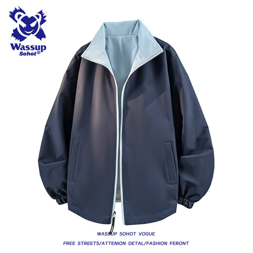 Wassup Sohot Jacket Men's Autumn and Winter Reversible Outdoor Jacket Men's Trendy Casual Stand Collar Flight Jacket Moonlight Blue L