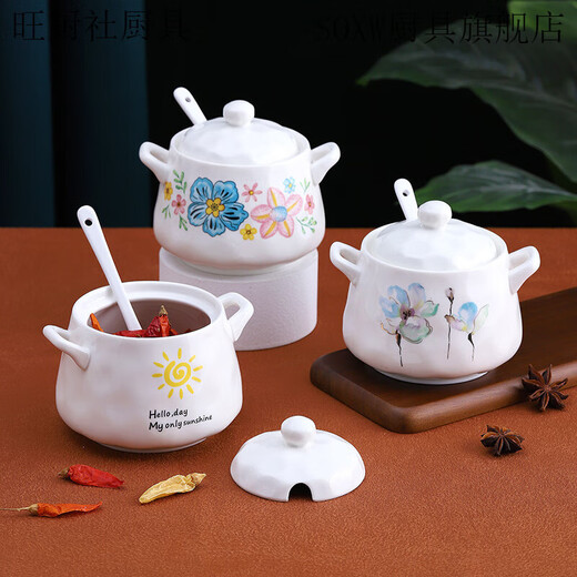 SOXW ceramic large capacity seasoning jar with handle chili oil jar kitchen high temperature resistant lidded spoon double-ear seasoning jar with handle - Huakai Fugui 500ml