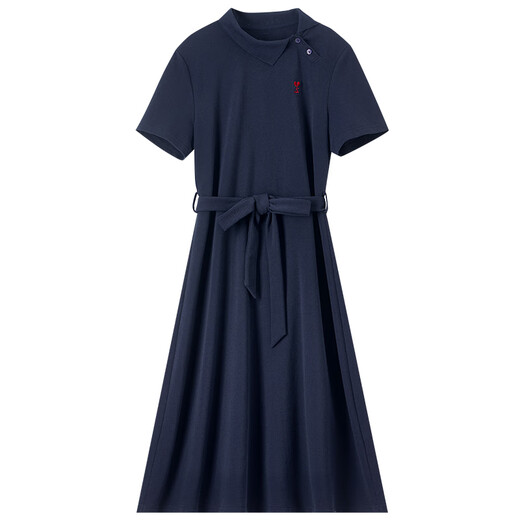 Shangdubila 100% de collar de algodón inclinado de dos botones vestido bordado contrastante para mujeres en verano temperamento versátil falda