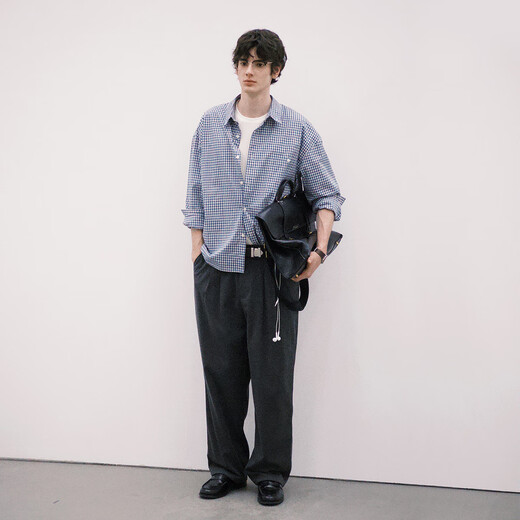 714street loose cotton couple long-sleeved blue plaid shirt for men and women 2025 autumn miu shirt, size is too large, blue and white plaid M