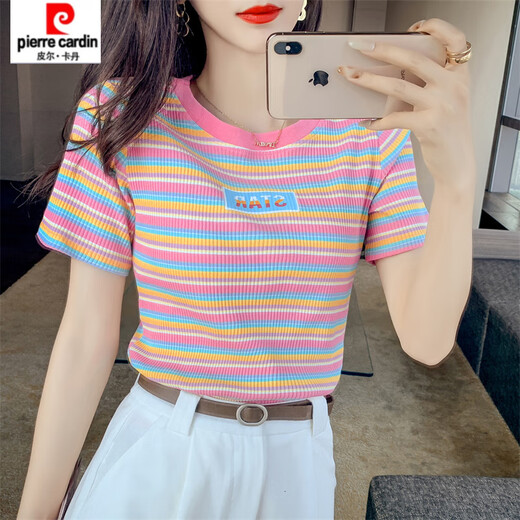 初径彩色条纹短袖t恤女夏装新款韩版修身百搭体恤印花短款上衣 9901#橘色条纹 S 建议70-89斤