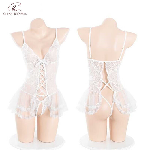 Chanhuo Transparent Mesh Flirting Romantic Lace Split Crotchless Buttocks Jumpsuit Erotic Underwear Female Sexy Set 9227 White + Model Socks + Gloves One Size 80-120Jin Jin is equal to 0.5 kg
