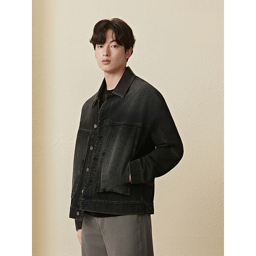 GXG Men's Barn Style Collar Spliced PU Denim Jacket Men's Loose Retro Black Brown 175/L