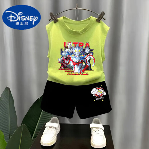 Disney pure cotton boy sleeveless vest set summer new Ultraman children's top baby summer suit handsome two-piece set fruit green T983 + black T273 small 110 cm recommended height 100-110CM