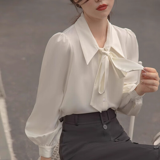 Jiangong White Shirt Women's French Bow Lantern Sleeve White Commuting Shirt Women's Formal Interview Business Wear Shirt Chiffon Lantern Sleeve Bow Shirt L (Suitable for 115-125 Jin Jin equals 0.5 kg)