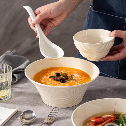 Cream threaded ceramic household noodle bowl, bamboo hat bowl, high-end ramen bowl, spicy snail noodle bowl, large soup bowl, 1 8-inch trumpet noodle bowl