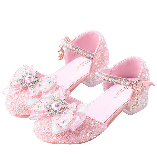 Ruiyang Children's High Heels Female Elsa Princess Dress Shoes Girls Crystal Shoes Single Shoes Pearl Sparkling Diamond Stage Performance Shoes Pink Size 29 Inner Length 18.9cm