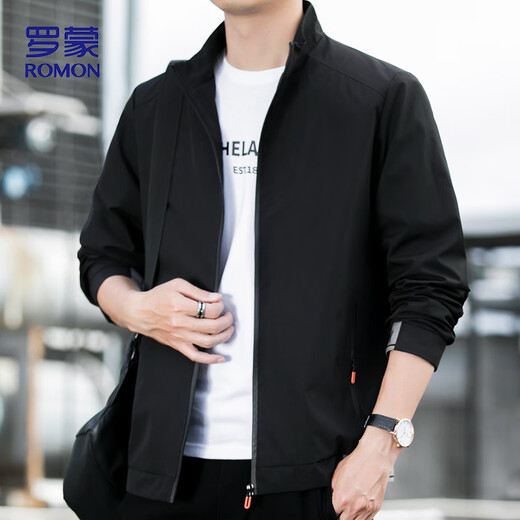 Romon Jacket Men's Autumn Stand Collar Business Casual Executive Jacket Top Men's Versatile Baseball Uniform Men's JT6 Black XL