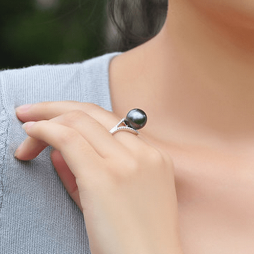 Fat Donglai's same style black pearl natural Tahitian freshwater black and white pearl powder ring 925 silver inlaid with diamond ring ring white pearl white