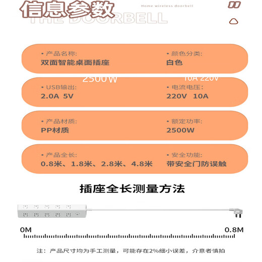 Jingdong Logistics New plug-in strip triangular beveled double-sided plug-in socket strip meter with high power 2500W plug-in strip with line multi-functional USB panel wiring board plug 10 slots + 2.8 meters