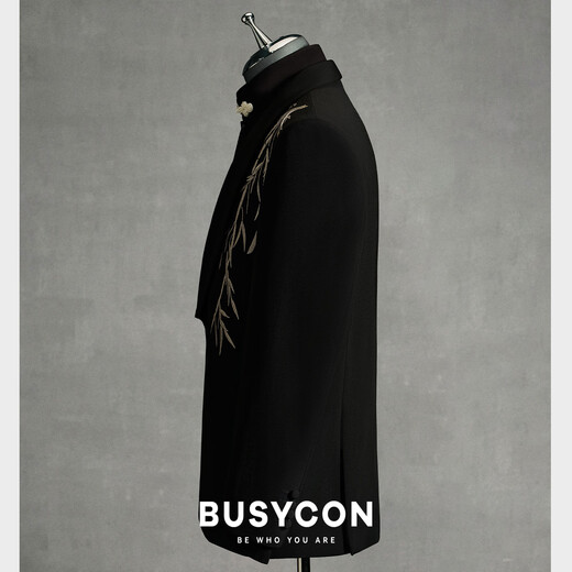 BUSYCON Golden Bamboo Embroidery New Chinese Green Fruit Collar Suit Groom Wedding Banquet Dress Men's Toast Suit Black (Two-piece Set Top + Pants) 46