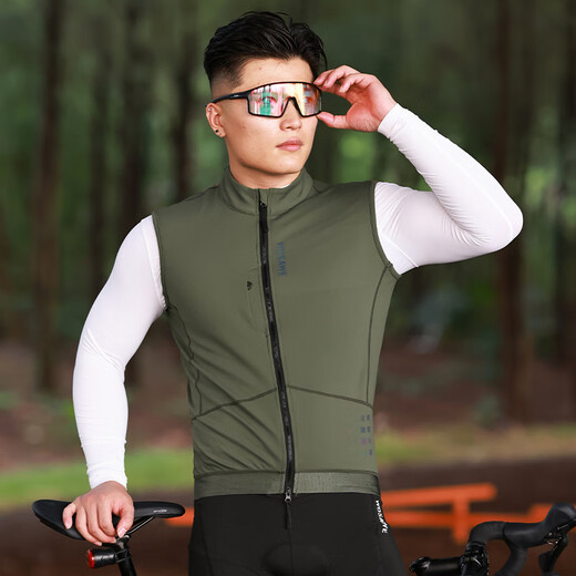 Wasavi road cycling jersey autumn and winter fleece vest mountain bike high elastic windproof jacket outdoor cycling vest for men Qiufeng-military green vest/men's style comfortable and slim L