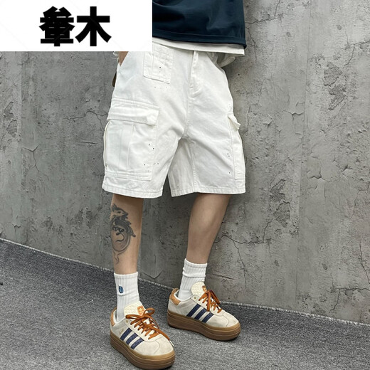 Huo Mu Yin poulet lourd lâché lâche travail grand poche blanc bambou de jean short cuit pantalon hommes et femmes 1049 blanc m 90-110