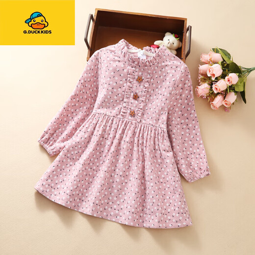 G.duck Girls Dress Children's Floral Skirt Spring Autumn Winter New Korean Style Long Sleeve Velvet Thickened Cotton Bottoming Skirt New Pink Wooden Button Spring Autumn 110 Recommended Height 100cm Suitable for 90-100cm