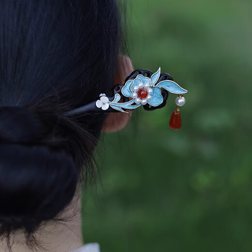 Hypatia Hairpin Women's Ebony Wood Hairpin Ancient Style Imitation Dotted Green Burnt Blue Butterfly Double-sided Hairpin New Chinese Hanfu Hairpin Lotus Burnt Blue