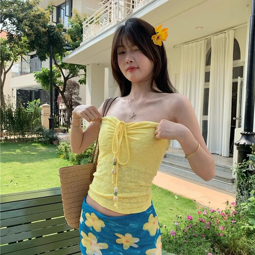 Qingbilin tube top strappy sexy top for women 2025 new summer seaside vacation style photo wear with atmosphere strap tube top yellow L
