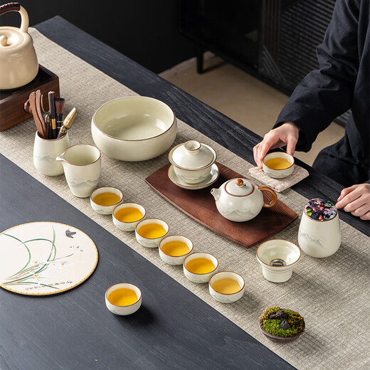 Ru kiln kung fu tea set complete set for home new high-end ceramic teacup teapot tea washing office complete set of tea set with 15 heads Ru kiln ink covered bowl 8 cups + pot washing channel