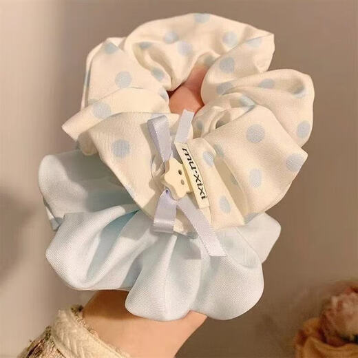 Popular blue and white polka dot large intestine hair ring girl heart hair accessories blue and white + polka dots 2 pieces in total
