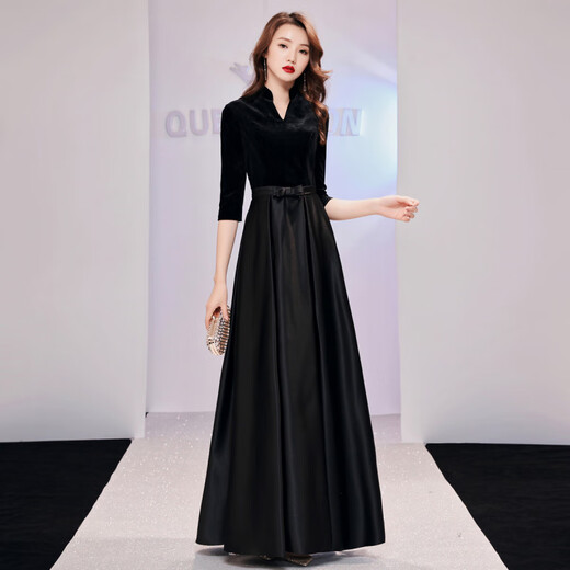 Timochi choir conductor clothing vocal performance dress black evening dress folk music high-end atmospheric velvet stage table A black long style M 3XL bust 100cm waist 83cm