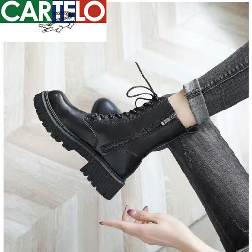 CARTELO genuine soft leather Martin boots for women British style 2025 new spring and autumn plus velvet brown thick-soled short boots motorcycle boots black single lining 39