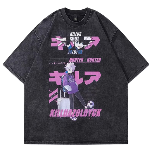 SUMI动漫全职猎人hunter x hunter复古做旧夏季纯棉水洗短袖t恤男 水洗黑B1283 S