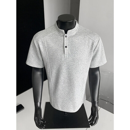 Light gray deconstructed Henry collar polo shirt for men in summer American fashion brand short-sleeved T-shirt for men, handsome and versatile top, light gray 2XL