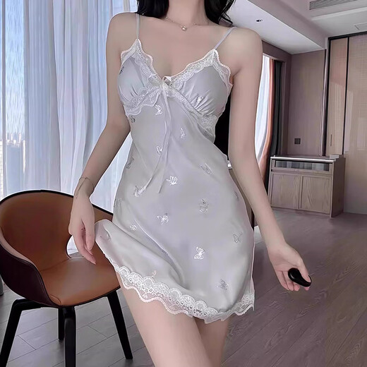 Modal sexy cooler blauer Schmetterling Hosentender Nachthemd für Frauen mit Sommerbrustpolster Ice Seide Heimkleidung 25 neue reine Spitzen -Pyjamas