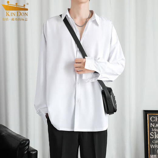 KIN DON black shirt men's long-sleeved loose large size spring and autumn handsome trendy inch shirt casual white 5XL