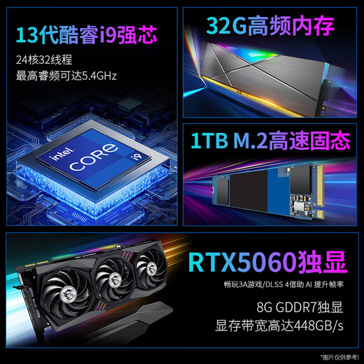 Five Color Fish 13th generation Core i9-13900HX RTX5060 8G independent display 32G+1TB desktop gaming desktop computer host commercial office machine 27 inches