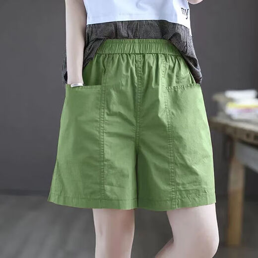 Elastic waist big pocket summer pure cotton trousers women's new fat MM large size slimming women's shorts caramel color 2XL
