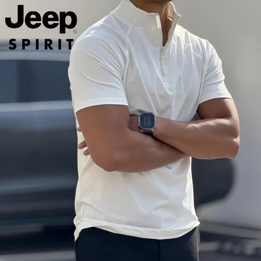 JEEP SPIRIT black half-zip quick-drying short-sleeved men's summer tough guy style fitness sports half-sleeved American cycling jersey t-shirt white 2XL 160-180Jin Jin equals 0.5 kg