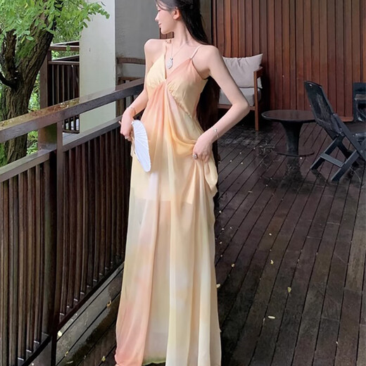 Miao Yijia suspender dress for women's skirt summer 2025 new pure sexy beach vacation French long skirt dress yellow tie-dye suspender vacation style dress XL [Suggested 115-130Jin [Jin equals 0.5 kg]]
