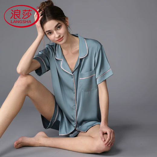 Langsha light luxury high-end pajamas women's short-sleeved shorts brand two-piece suit summer thin cardigan real satin home clothes sy 3899 turquoise green L (100-118Jin Jin equals 0.5 kg)