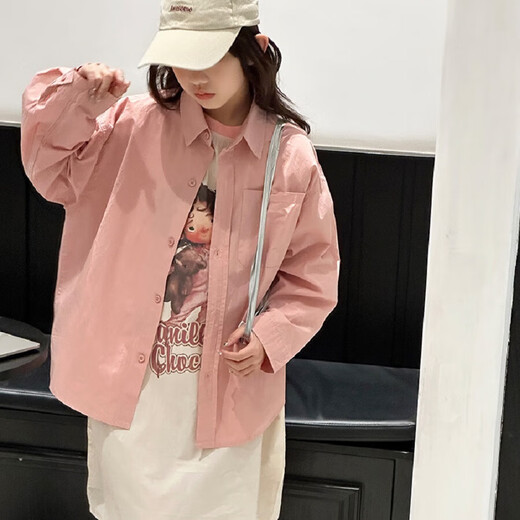 BJT Girls' Long Sleeve Shirt 2025 New Big Children's Spring and Autumn Style Fashionable Shirt Children's Autumn Casual Shirt Pink 130 cm