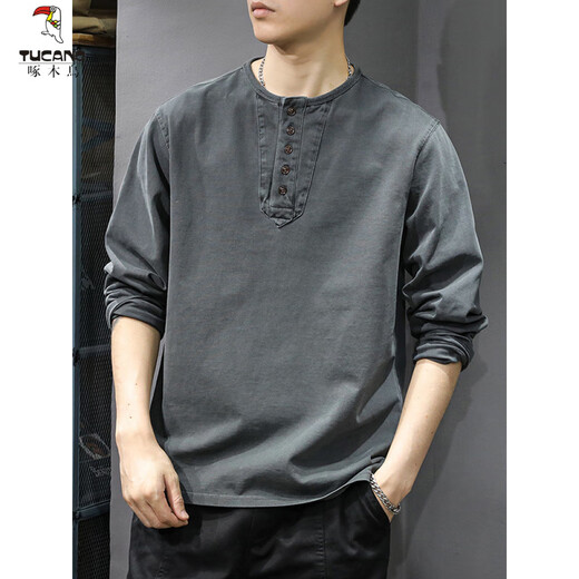 Woodpecker (TUCANO) American trendy retro Henry collar long-sleeved T-shirt men's spring and autumn new spring loose casual sweatshirt bottoming shirt ins gray M