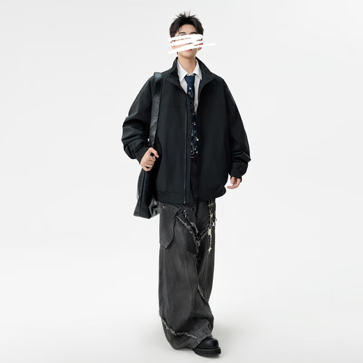 Homlean solid color jacket men's autumn versatile loose top stand collar fashion jacket casual versatile HK16 black XL