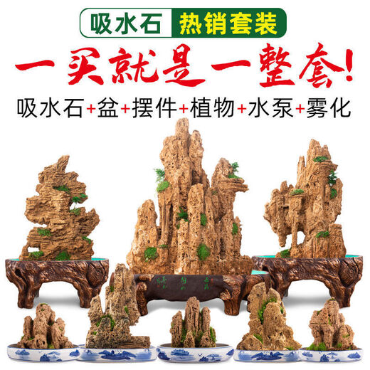 Water-absorbing stone, natural water-absorbing stone, bonsai original stone, water-absorbing stone, rockery stone, flowing water fountain, fish tank stone, landscaping stone, buy stone + pot (free grass seeds with stone) 10-14cm water-absorbing stone