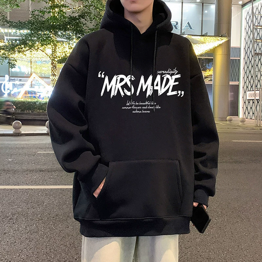 库奥哲美式重磅连帽卫衣男2025新款春秋冬季款宽松加绒潮牌外套上衣服男 黑色 常规 XL (170) 适合120-140斤