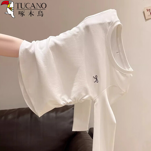 Woodpecker Right Shoulder Long Sleeve T-Shirt Women's Round Neck Bow Embroidery Autumn New Pleated Waist Bottoming Top White L