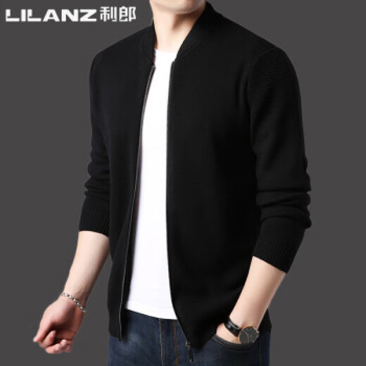利郎2024春季男装开衫毛衣纯色针织衫男士休闲立领品牌外套羊毛 黑色 S