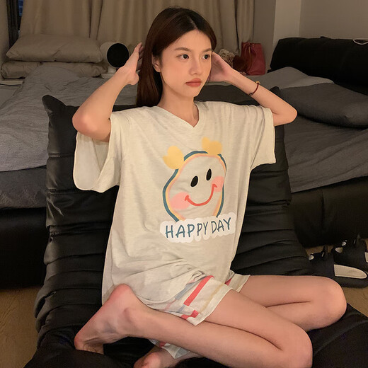 莫代尔睡衣女双面可穿夏季新款V领+圆领短袖短裤可爱家居服套装 9905w#笑脸+派对熊 XL