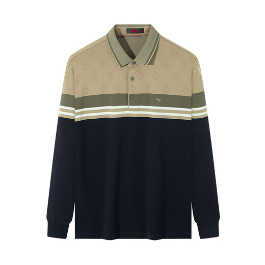 Qipai striped polo shirt/non-deformable collar polo shirt men's long-sleeved autumn business versatile lapel T-shirt khaki L