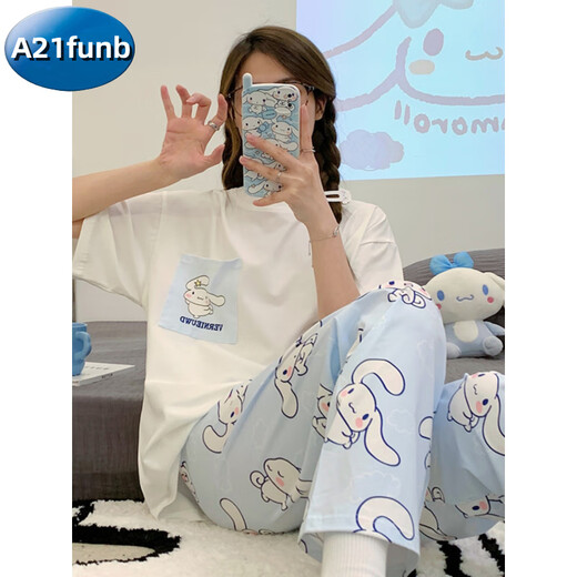 A 21 FUNB女童睡衣夏季纯棉短袖长裤中大童12女孩13岁家居服15初中学生套装 6623-蓝色小熊-短-袖长裤-H 170 女M高152-158，体重70-