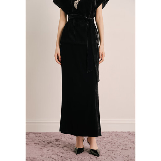 OBBLIGATO Origato Spring New Chinese Style Stand Collar Drop Shoulder Sleeves Beaded Velvet Jacket Black Single Skirt M