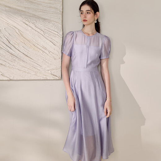 ROEYSHOUSE Luo Yi Temperament Waist Dress 2025 Summer New Fashion Puff Sleeve Large Swing Skirt 12052 Purple 2XL