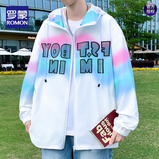 罗蒙（ROMON）渐变轻薄款夏季男士连帽防晒衣青少年学生休闲夹克外套户外防晒服 6626蓝色 M 约90-100斤可穿