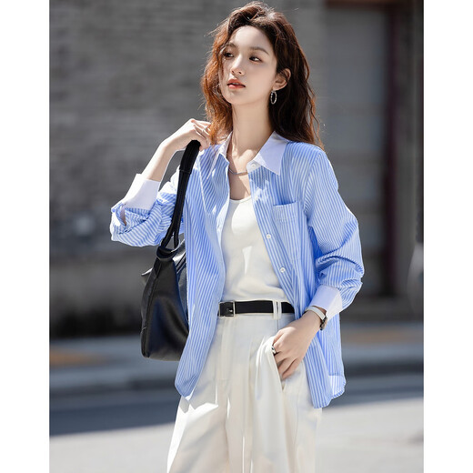 Demana Salt Intelligentsia Spring and Autumn Intelligent Stripe Contrast Color Lapel Long Sleeve Shirt Covering Flesh Shirt Women's Top