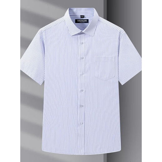 Youngor 2025 Camisa de manga corta para hombres de verano para hombres, rayas sin hierro y anti-wrinking, ropa de trabajo transpirable DX6623 39 [120-130Jin [Jin es igual a 0,5 kg]]]